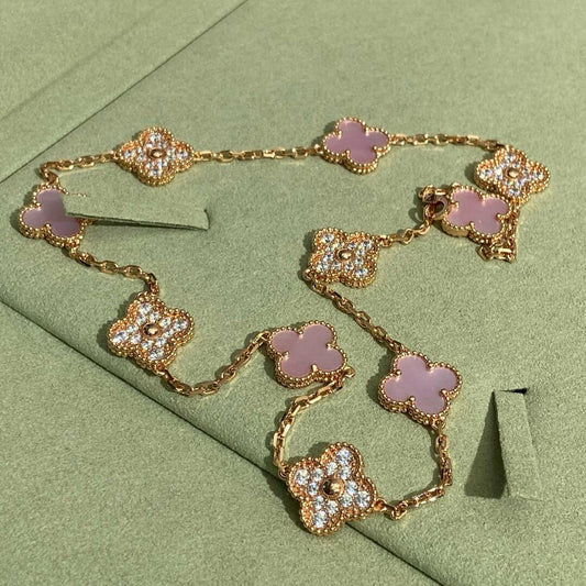 [Love Lucky]CLOVER 10 MOTIFS DIAMOND PINK MOP NECKLACE