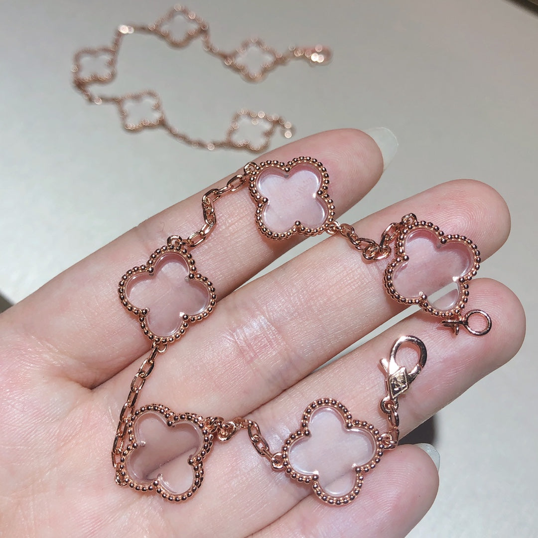 [Love Lucky] Armband aus Bergkristall mit Kleeblatt-Motiv und 5 Roségold