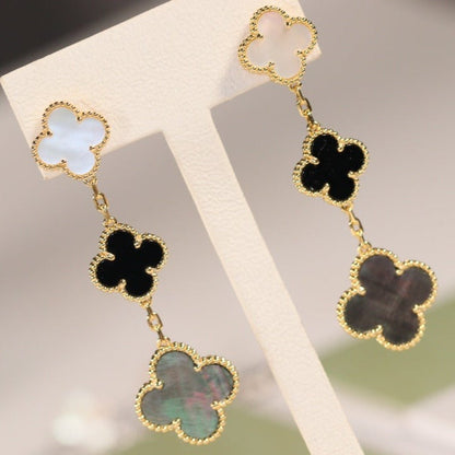 [Love Lucky]CLOVER EARRINGS GOLD ONYX MOP 3 MOTIF