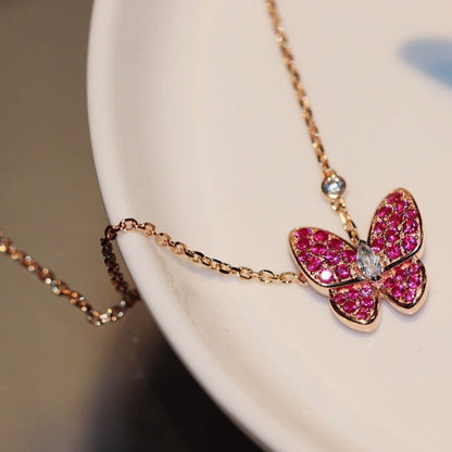[Love Lucky]COLLAR DE ORO ROSA CON DIAMANTE ROJO DE MARIPOSA