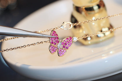 [Love Lucky]COLLAR DE ORO ROSA CON DIAMANTE ROJO DE MARIPOSA