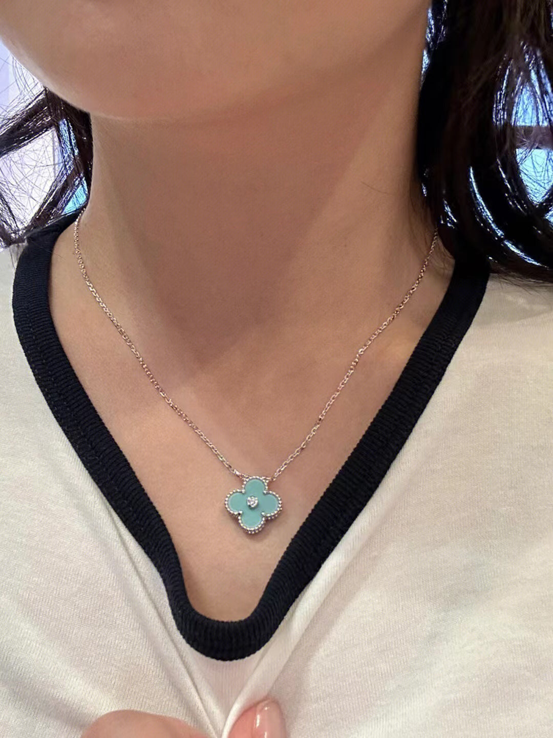 [Love Lucky]COLLANA CLOVER 1 DIAMANTE AZZURRO ARGENTO