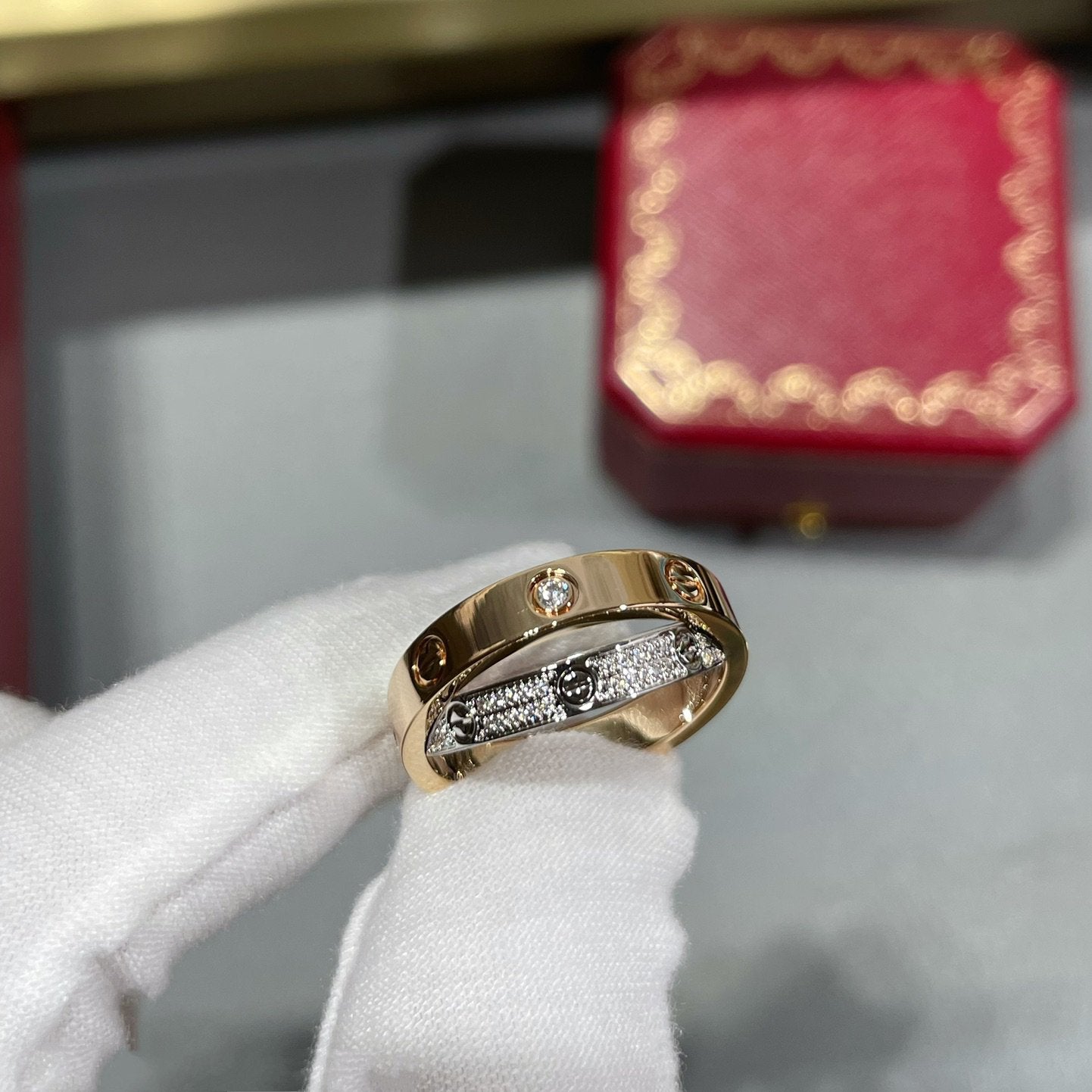 [Love Lucky]LOVE PINK GOLD SILVER DIAMOND DOUBLE RING