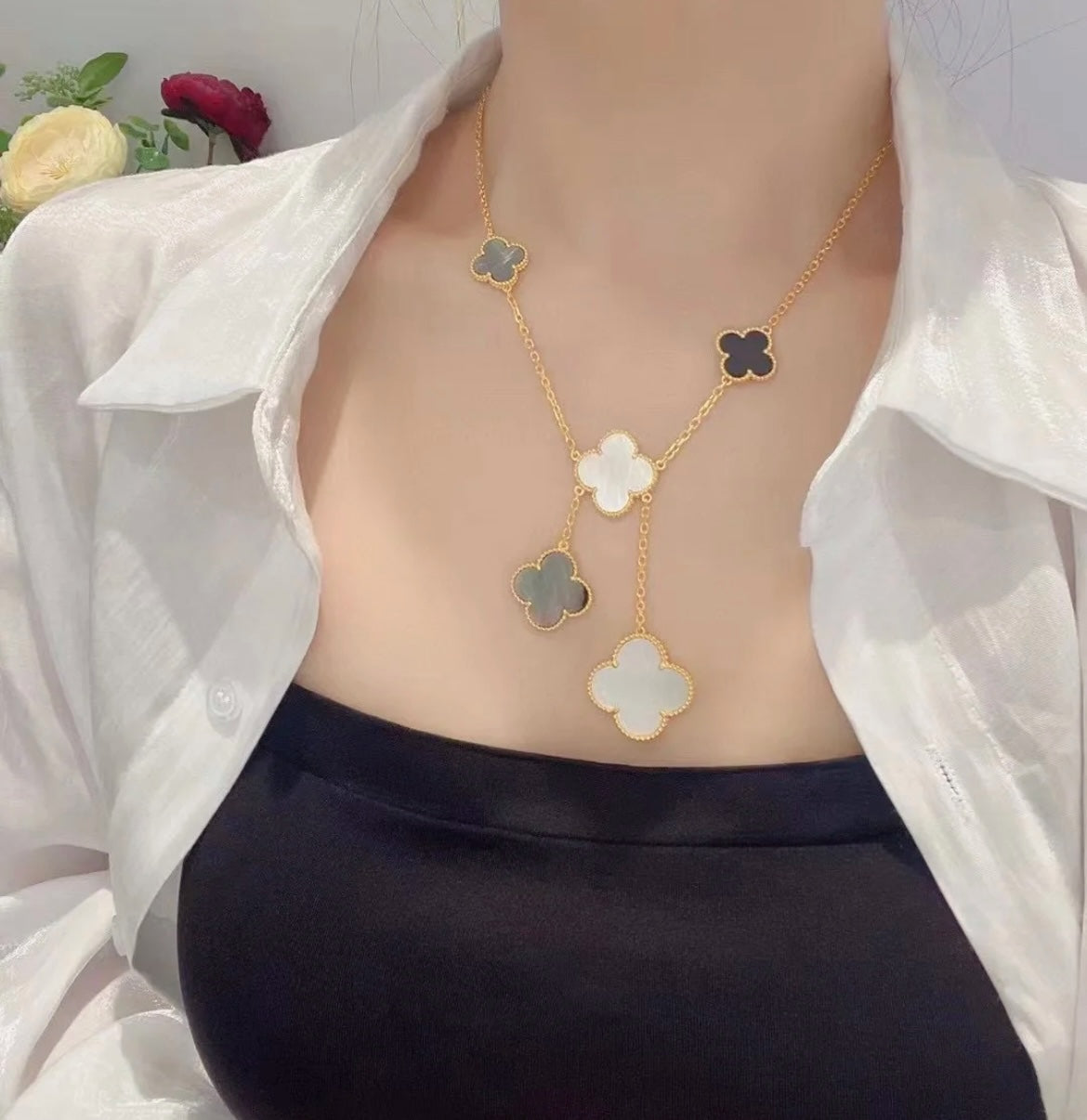[Love Lucky]CLOVER 6 MOTIF MOP ONYX GOLD 項鍊