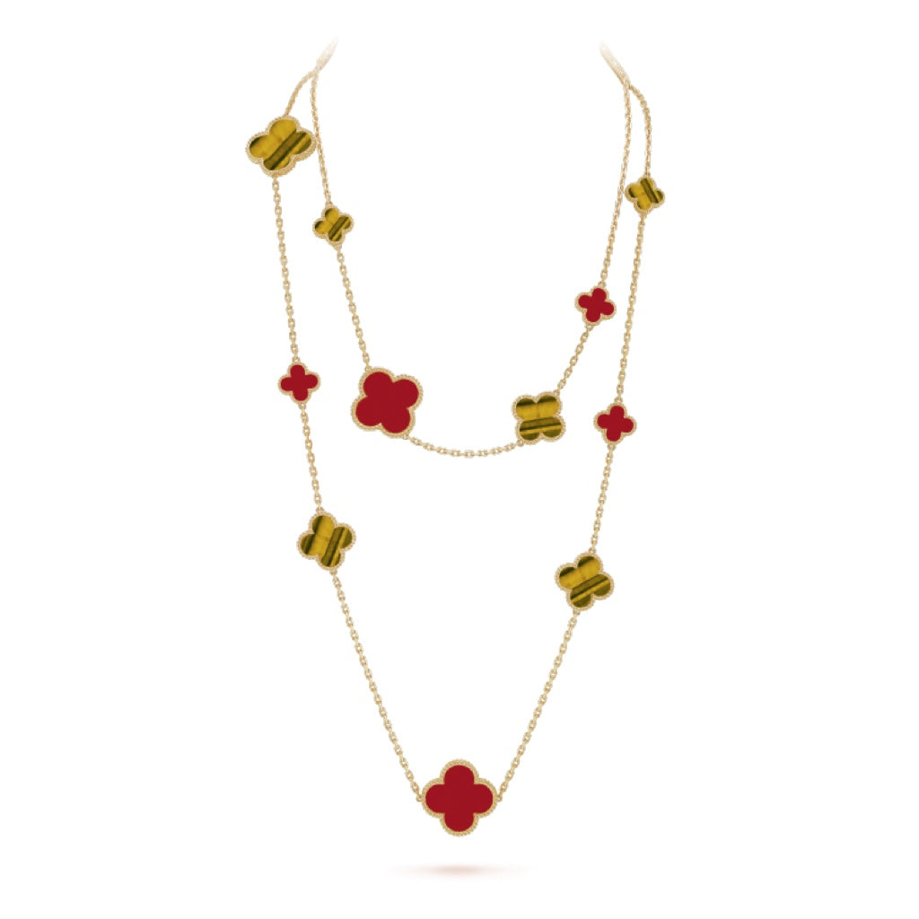[Love Lucky] Collana in oro rosa con motivo a quadrifoglio da 16 mm in corniola e occhio di tigre