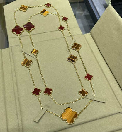 [Love Lucky]CLOVER 16 MOTIF CARNELIAN TIGER EYE ROSE GOLD NECKLACE