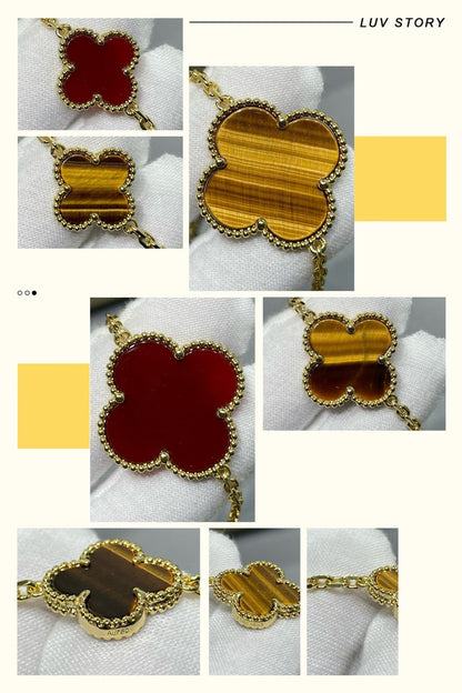 [Love Lucky] Collana in oro rosa con motivo a quadrifoglio da 16 mm in corniola e occhio di tigre