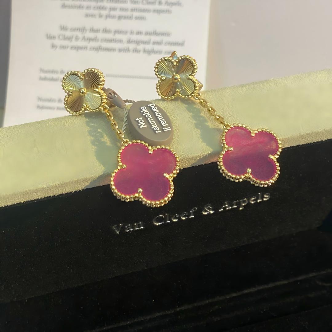 [Love Lucky]NEW CLOVER 2 MOTIF PINK ENAMEL EARRINGS