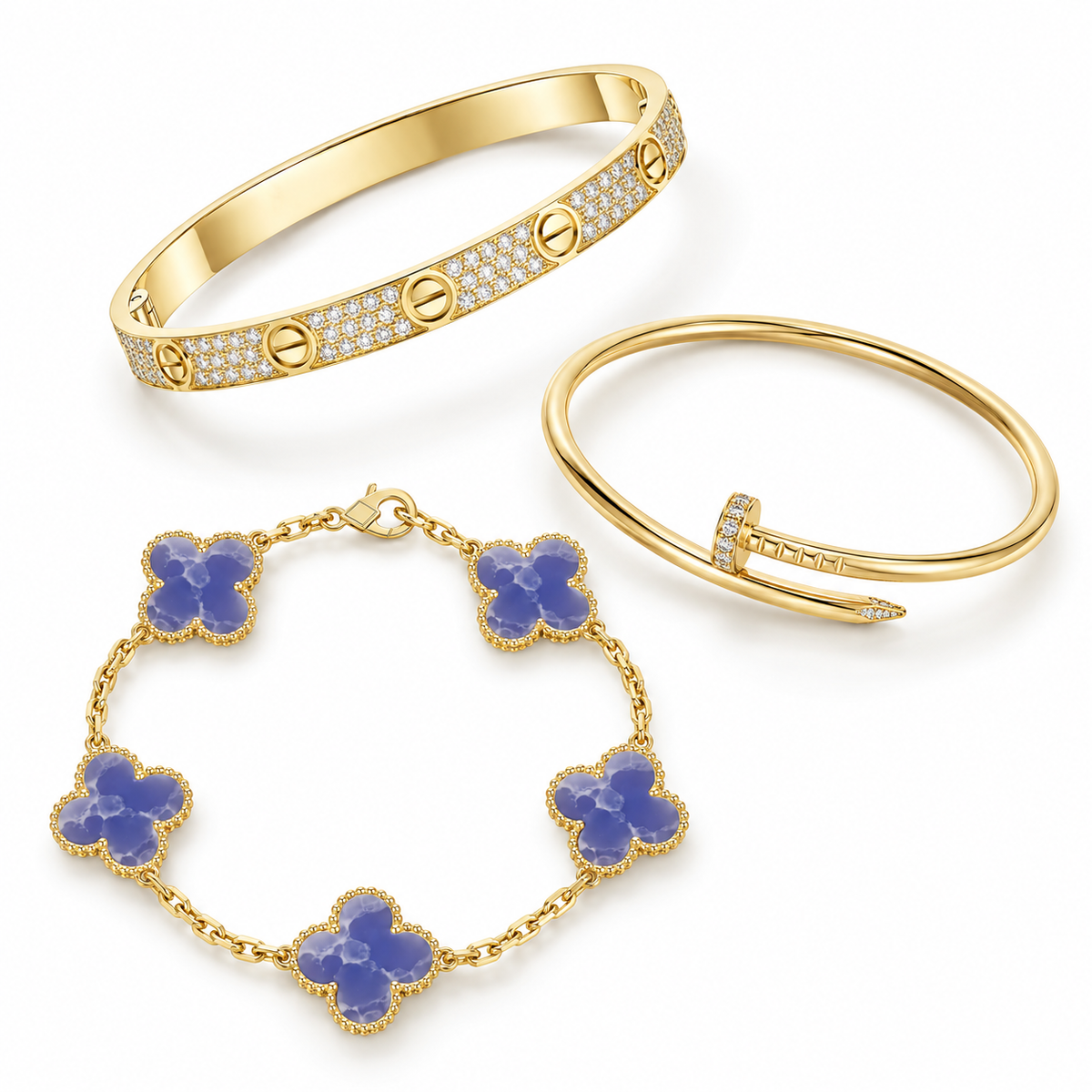[LoveLucky] LOVE & JUSTE & Blue Veins Clover 5-Motif Diamond Bracelet Stack Set