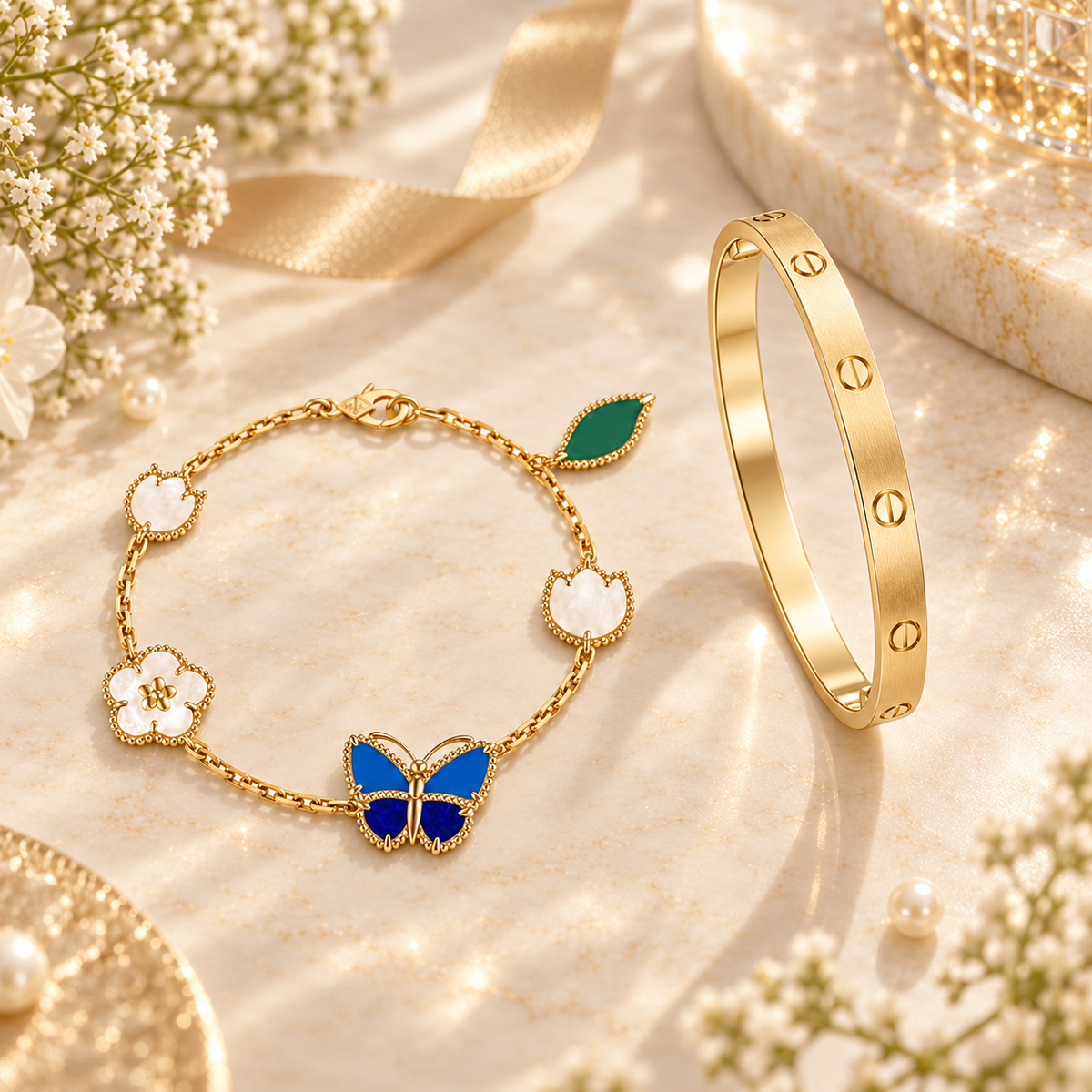 [LoveLucky] LOVE Brushed & Lucky Spring Butterfly 5-Motif Bracelet Stack Set