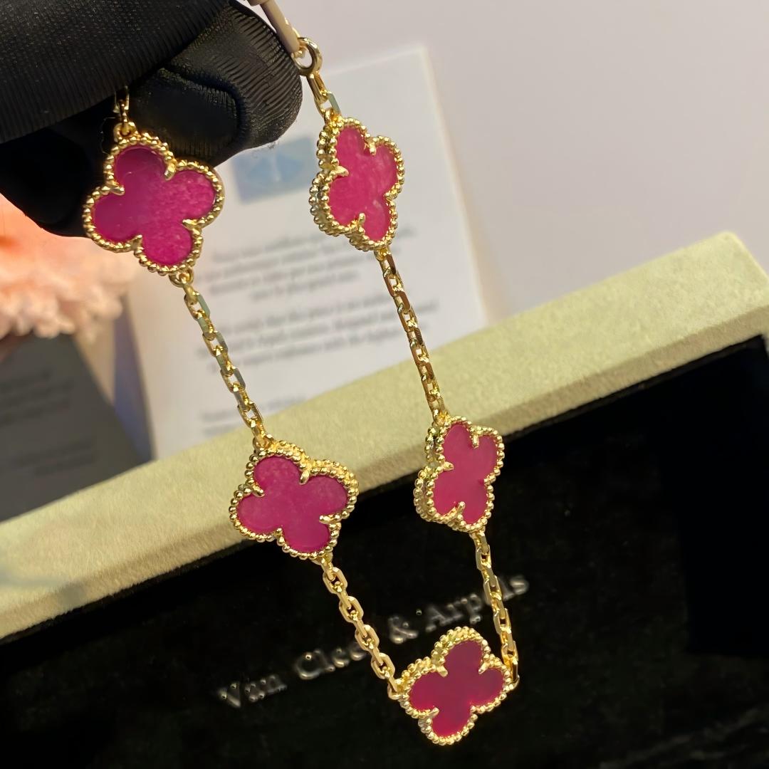 [Love Lucky]NEW CLOVER 5 MOTIFS PINK ENAMEL BRACELET