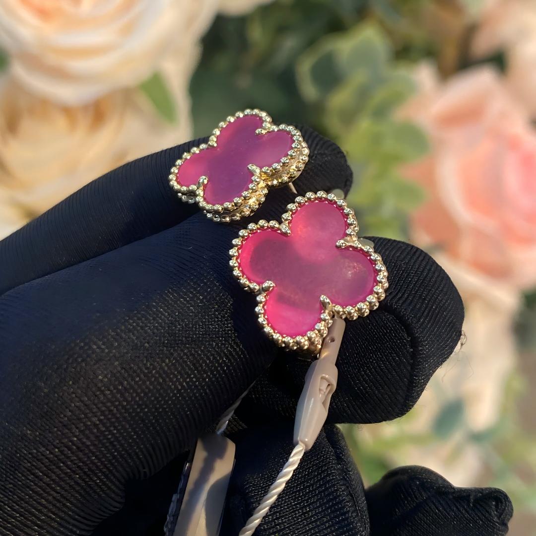 [Love Lucky]NEW CLOVER 15MM PINK ENAMEL STUD EARRINGS