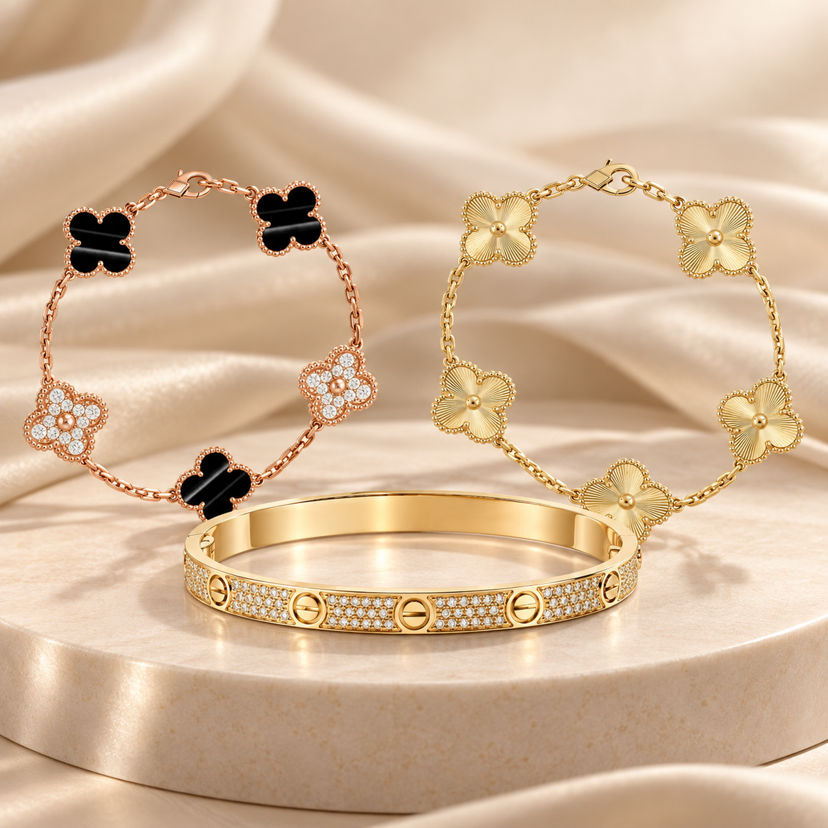 [LoveLucky]Clover Laser  Pulsar Stone 5-Motif & LOVE Diamond-Paved Bracelet Stack Set