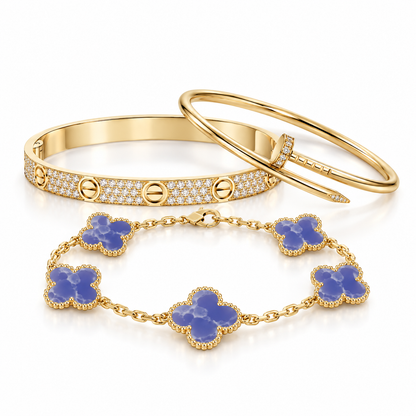 [LoveLucky] LOVE & JUSTE & Blue Veins Clover 5-Motif Diamond Bracelet Stack Set