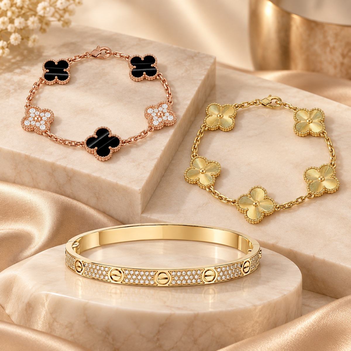 [LoveLucky]Clover Laser  Pulsar Stone 5-Motif & LOVE Diamond-Paved Bracelet Stack Set