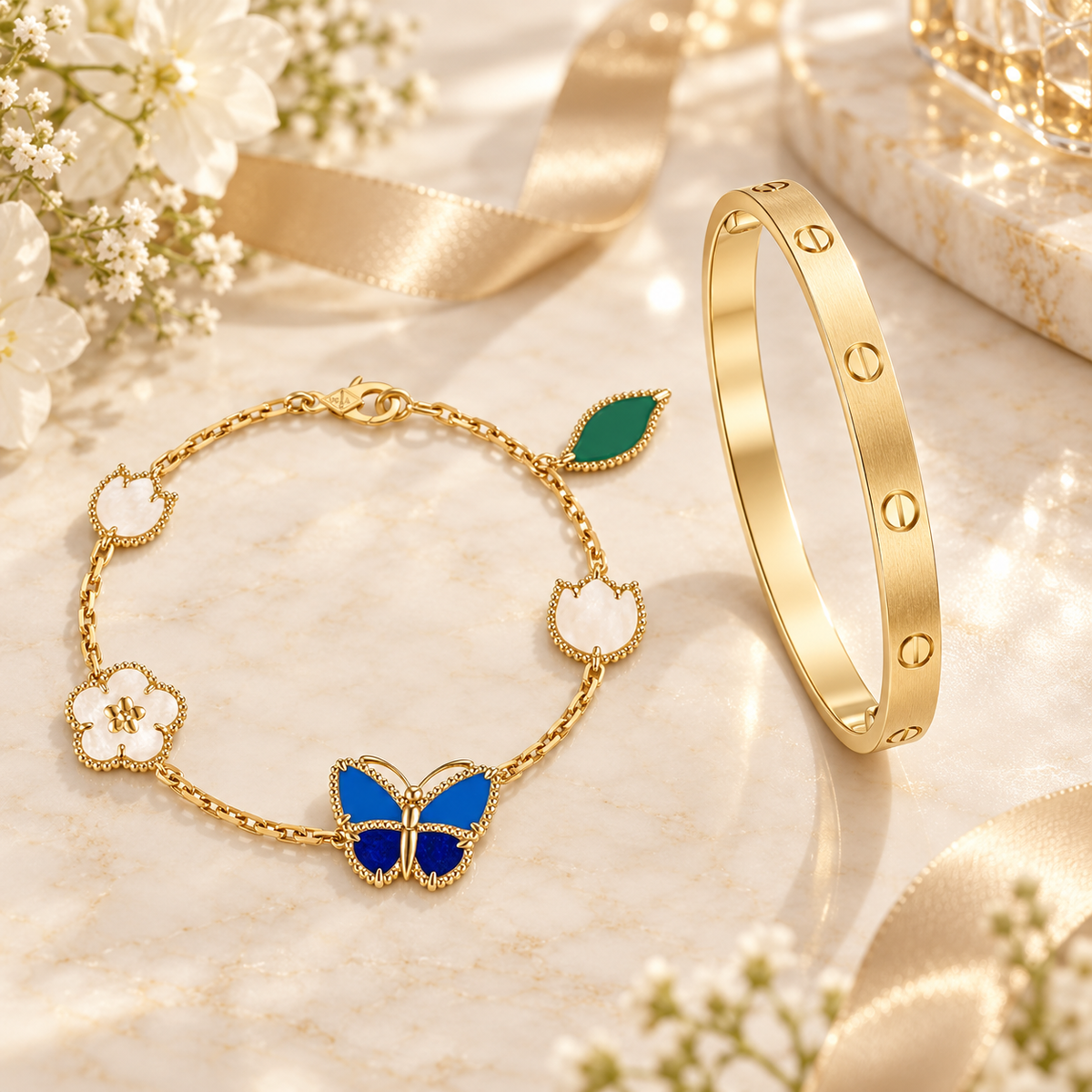 [LoveLucky] LOVE Brushed & Lucky Spring Butterfly 5-Motif Bracelet Stack Set