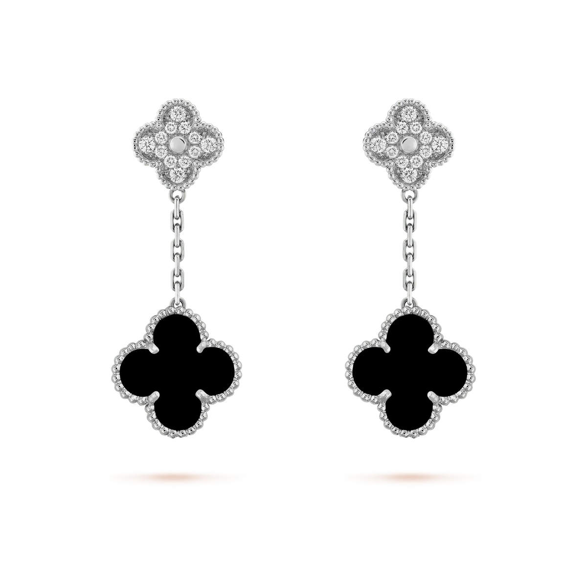 [Love Lucky]CLOVER 2 MOTIFS  DIAMOND ONYX EARRINGS SILVER