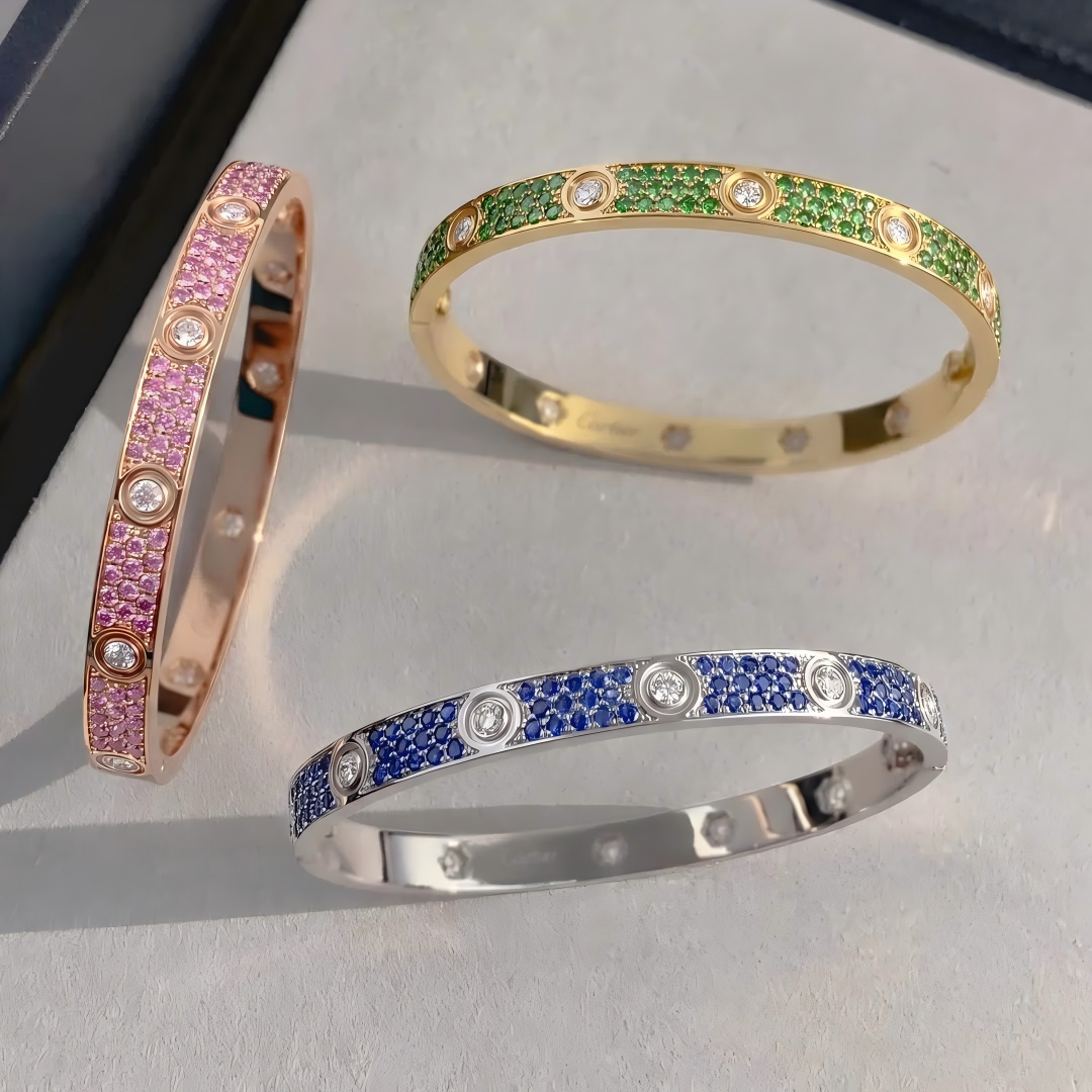 [LoveLucky]Pave Gemstone Love &Force Large Horseshoe Diamond Duo Bracelet Stack Set