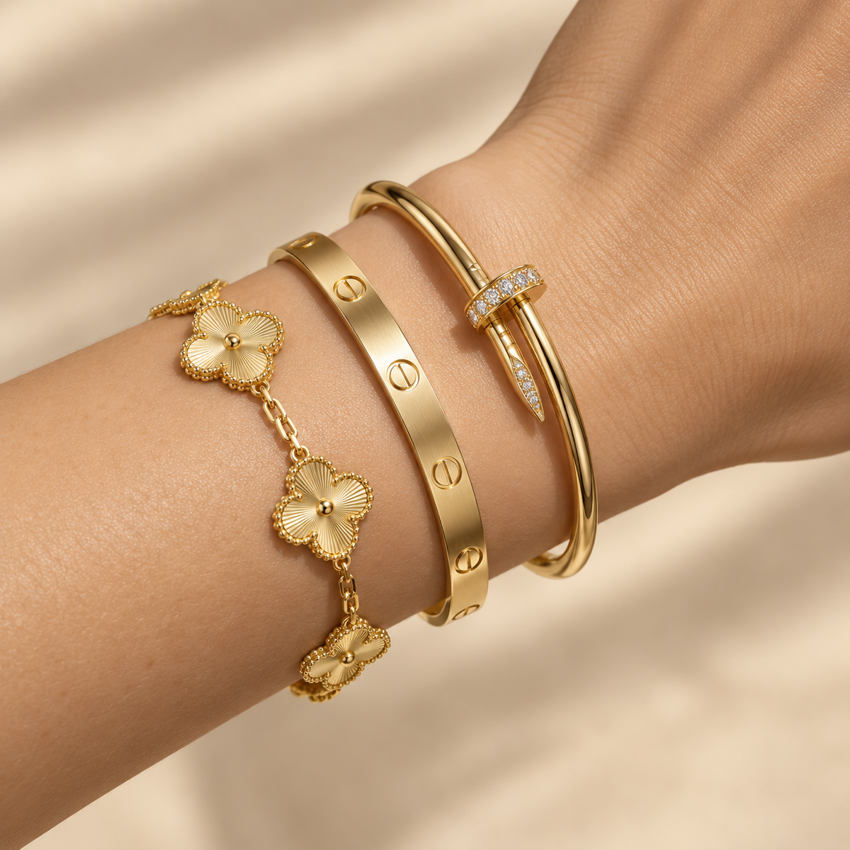 [LoveLucky] Clover & Love & Juste 3-Piece Gold Bracelet Stack Set