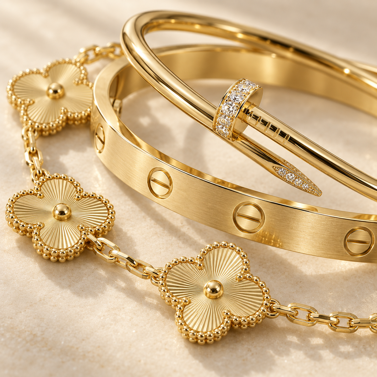 [LoveLucky] Clover & Love & Juste 3-Piece Gold Bracelet Stack Set