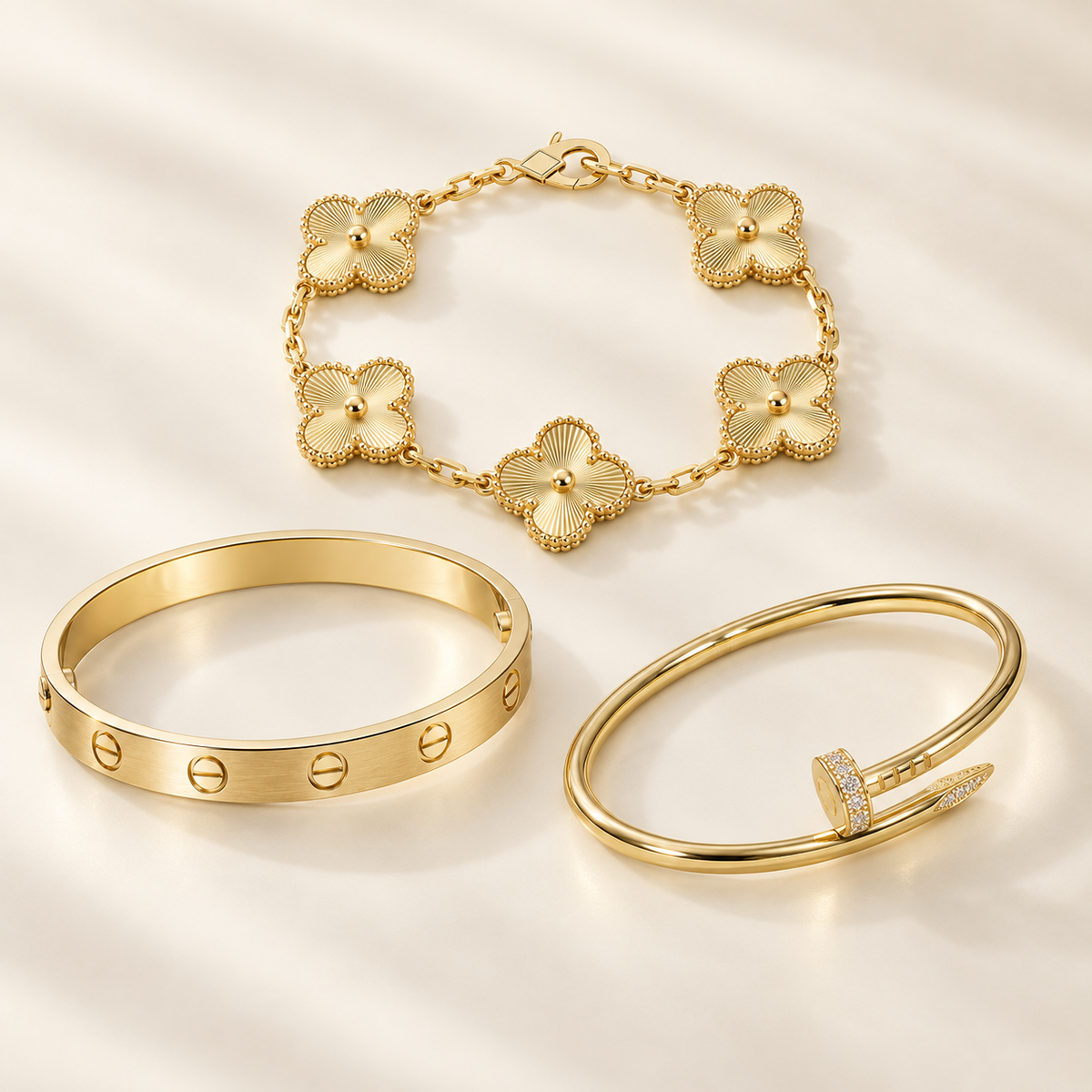 [LoveLucky] Clover & Love & Juste 3-Piece Gold Bracelet Stack Set