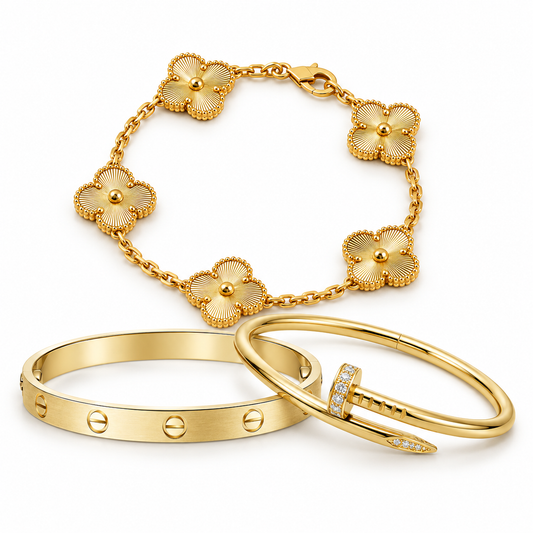 [LoveLucky] Clover & Love & Juste 3-Piece Gold Bracelet Stack Set