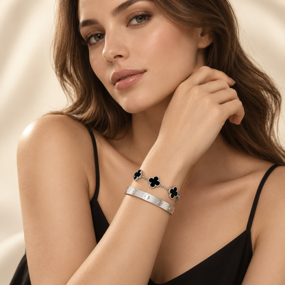 [LoveLucky]Clover & Love Sliver 2-Piece Bracelet Stack Set