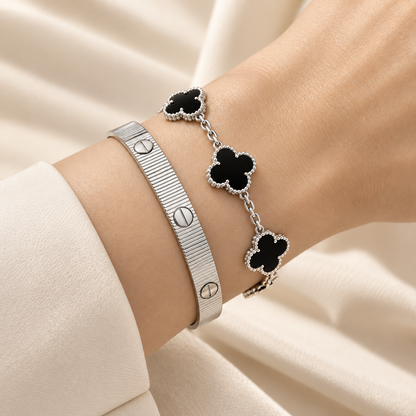 [LoveLucky]Clover & Love Sliver 2-Piece Bracelet Stack Set