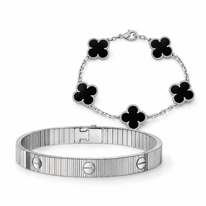 [LoveLucky]Clover & Love Sliver 2-Piece Bracelet Stack Set