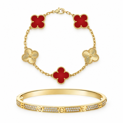 [LoveLucky]Clover & Love Diamond-Paved Radiant Line 2-Piece Bracelet Stack Set