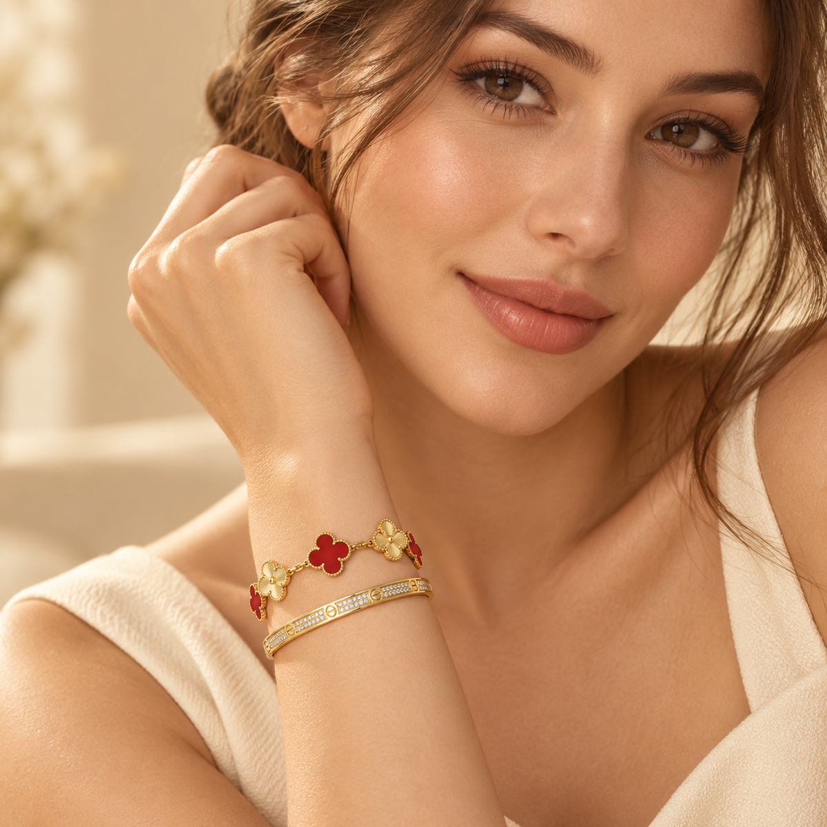 [LoveLucky]Clover & Love Diamond-Paved Radiant Line 2-Piece Bracelet Stack Set