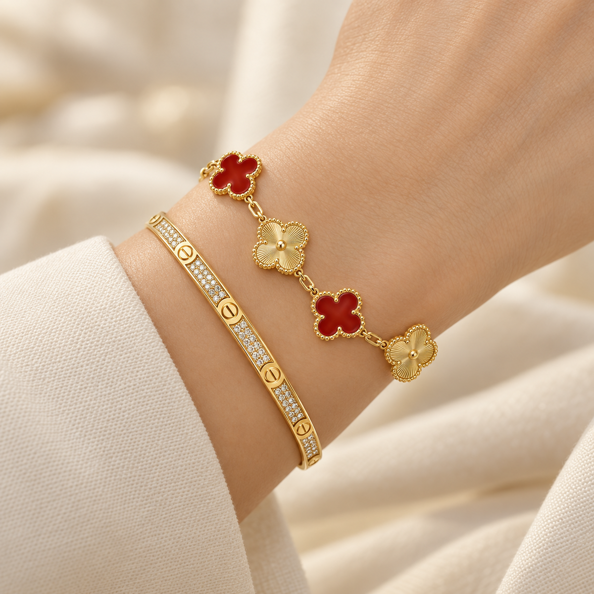 [LoveLucky]Clover & Love Diamond-Paved Radiant Line 2-Piece Bracelet Stack Set