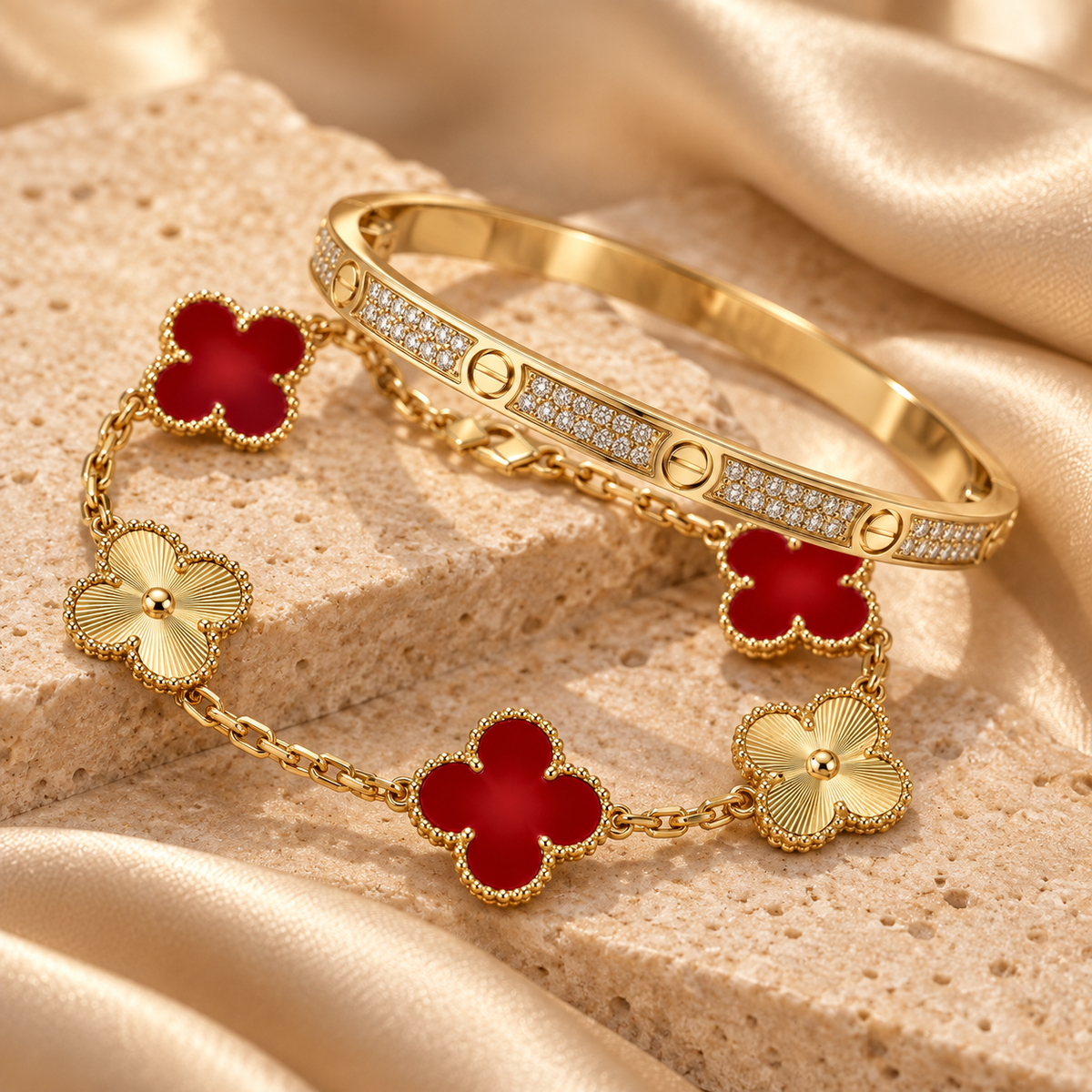 [LoveLucky]Clover & Love Diamond-Paved Radiant Line 2-Piece Bracelet Stack Set