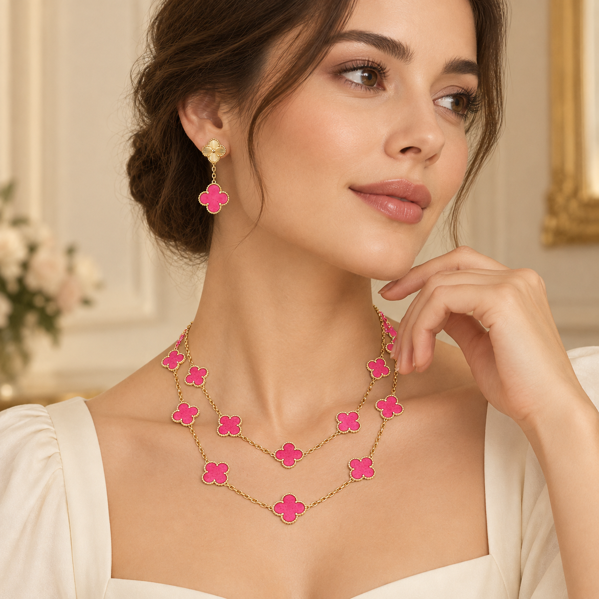 [LoveLucky]Clover Pink Enamel Necklace & Earring Jewelry Set