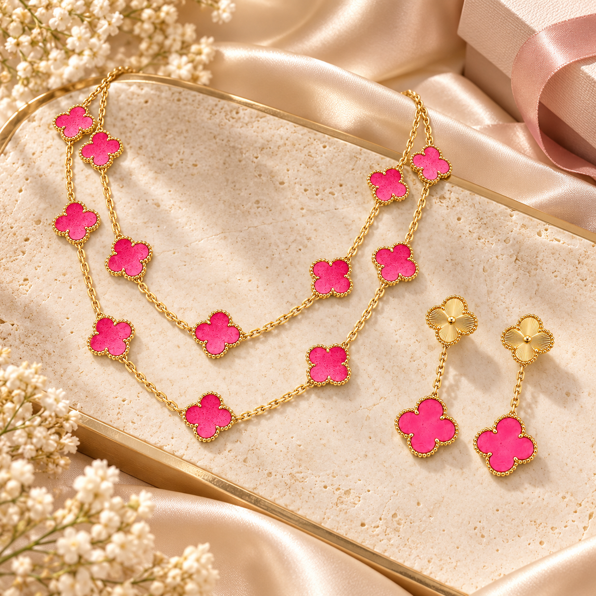 [LoveLucky]Clover Pink Enamel Necklace & Earring Jewelry Set