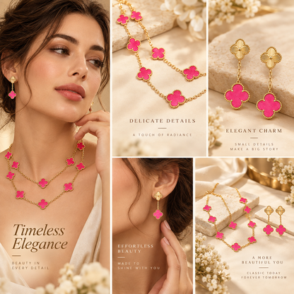[LoveLucky]Clover Pink Enamel Necklace & Earring Jewelry Set