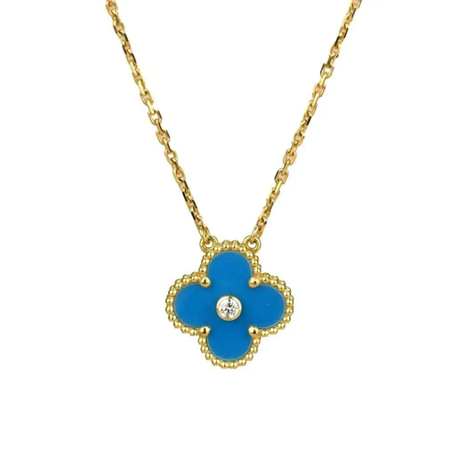 [Love Lucky]COLLAR DE TRÉBOL DE 15 MM CON DIAMANTE Y ÁGATA AZUL