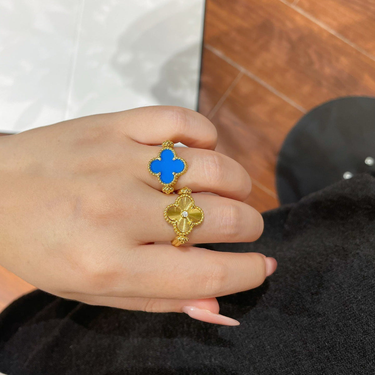 [Love Lucky]CLOVER RIVERSIBLE BLUE AGATE RING