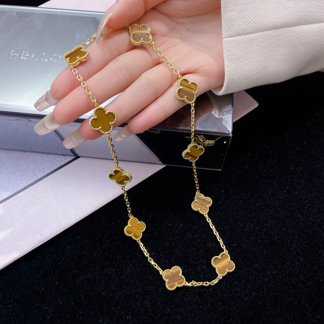 [Love Lucky]CLOVER 10 MOTIFS TIGER EYE NECKLACE
