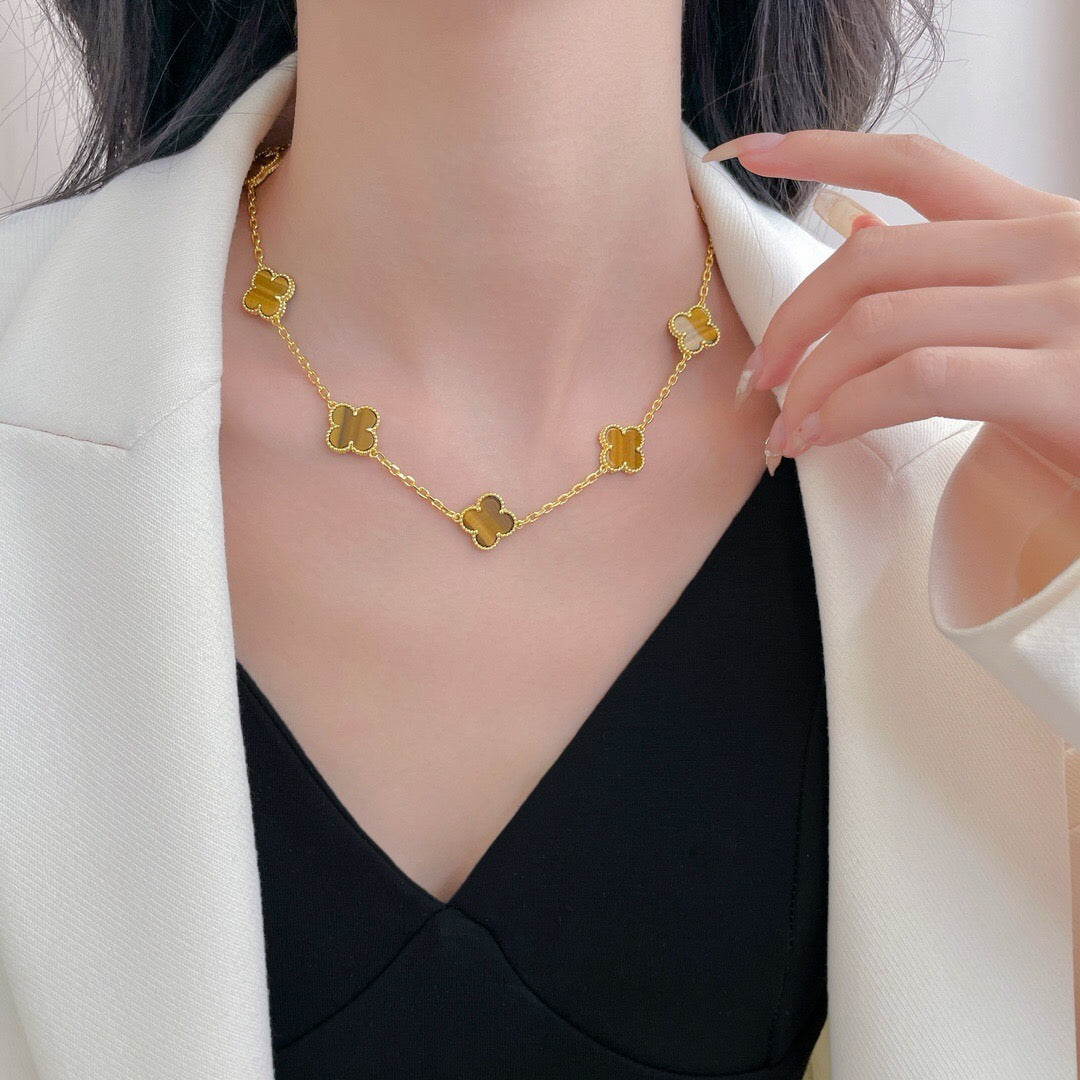 [Love Lucky]CLOVER 10 MOTIFS TIGER EYE NECKLACE