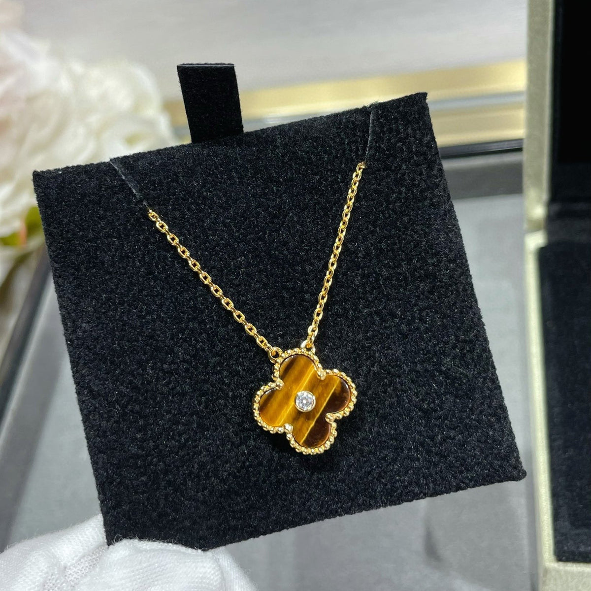 [Love Lucky]CLOVER 15MM 鑽石與黃虎眼石項鍊