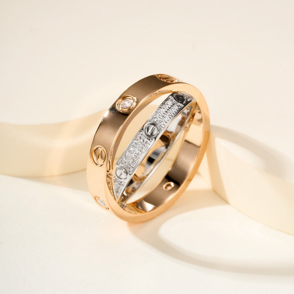 [Love Lucky]LOVE PINK GOLD SILVER DIAMOND DOUBLE RING