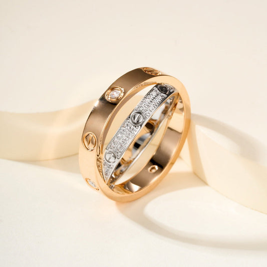 [Love Lucky]LOVE PINK GOLD SILVER DIAMOND DOUBLE RING