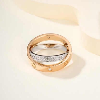 [Love Lucky]LOVE PINK GOLD SILVER DIAMOND DOUBLE RING