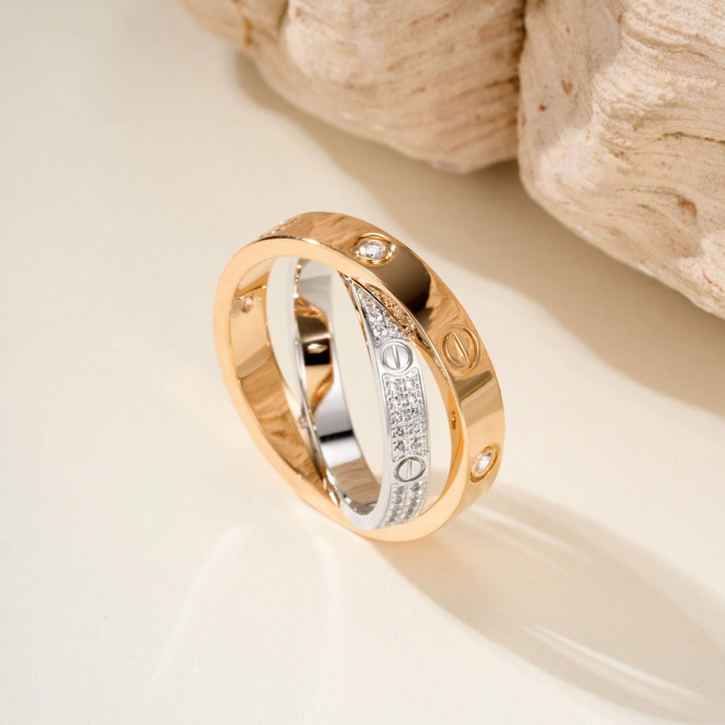 [Love Lucky]LOVE PINK GOLD SILVER DIAMOND DOUBLE RING