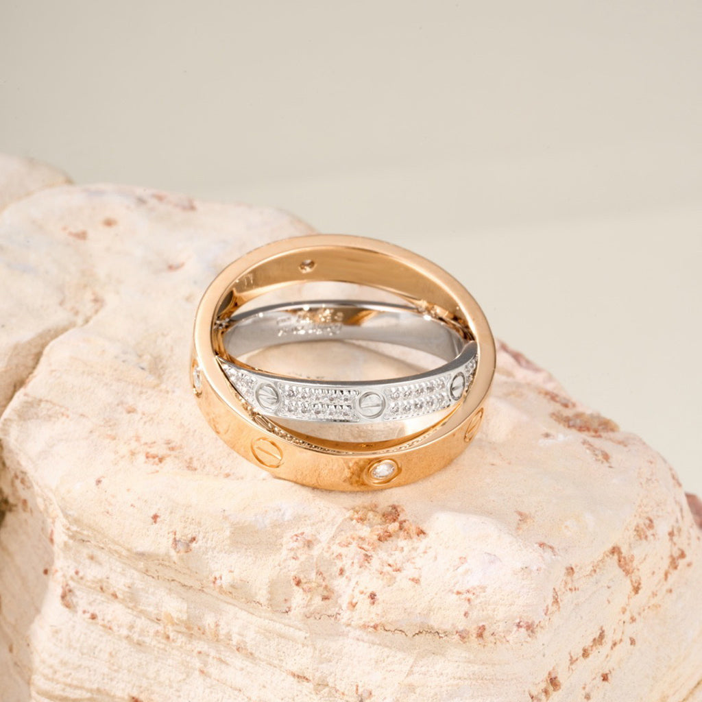 [Love Lucky]LOVE PINK GOLD SILVER DIAMOND DOUBLE RING