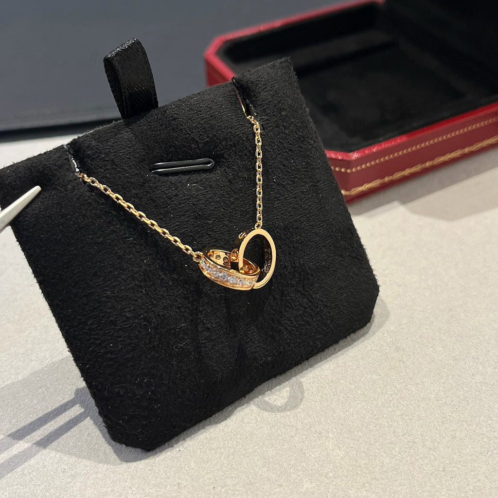 [Love Lucky]LOVE DOUBLE RING HALF DIAMOND NECKLACE