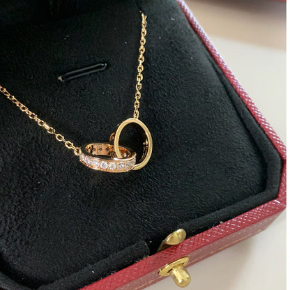 [Love Lucky]LOVE DOUBLE RING HALF DIAMOND NECKLACE