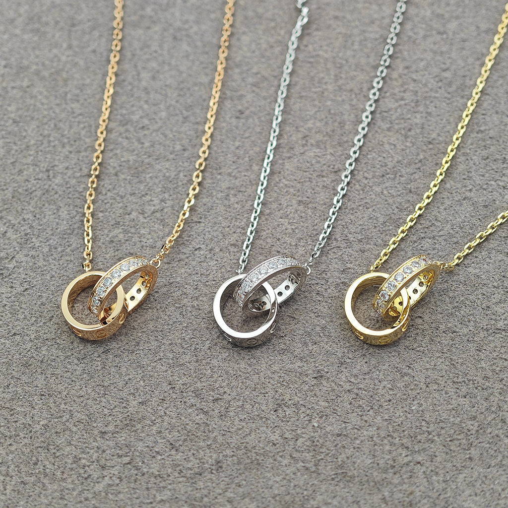 [Love Lucky]LOVE DOUBLE RING HALF DIAMOND NECKLACE