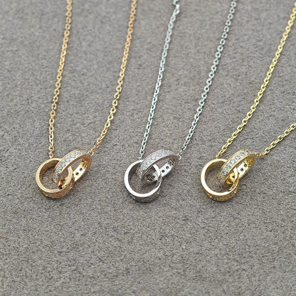 [Love Lucky]LOVE DOUBLE RING HALF DIAMOND NECKLACE